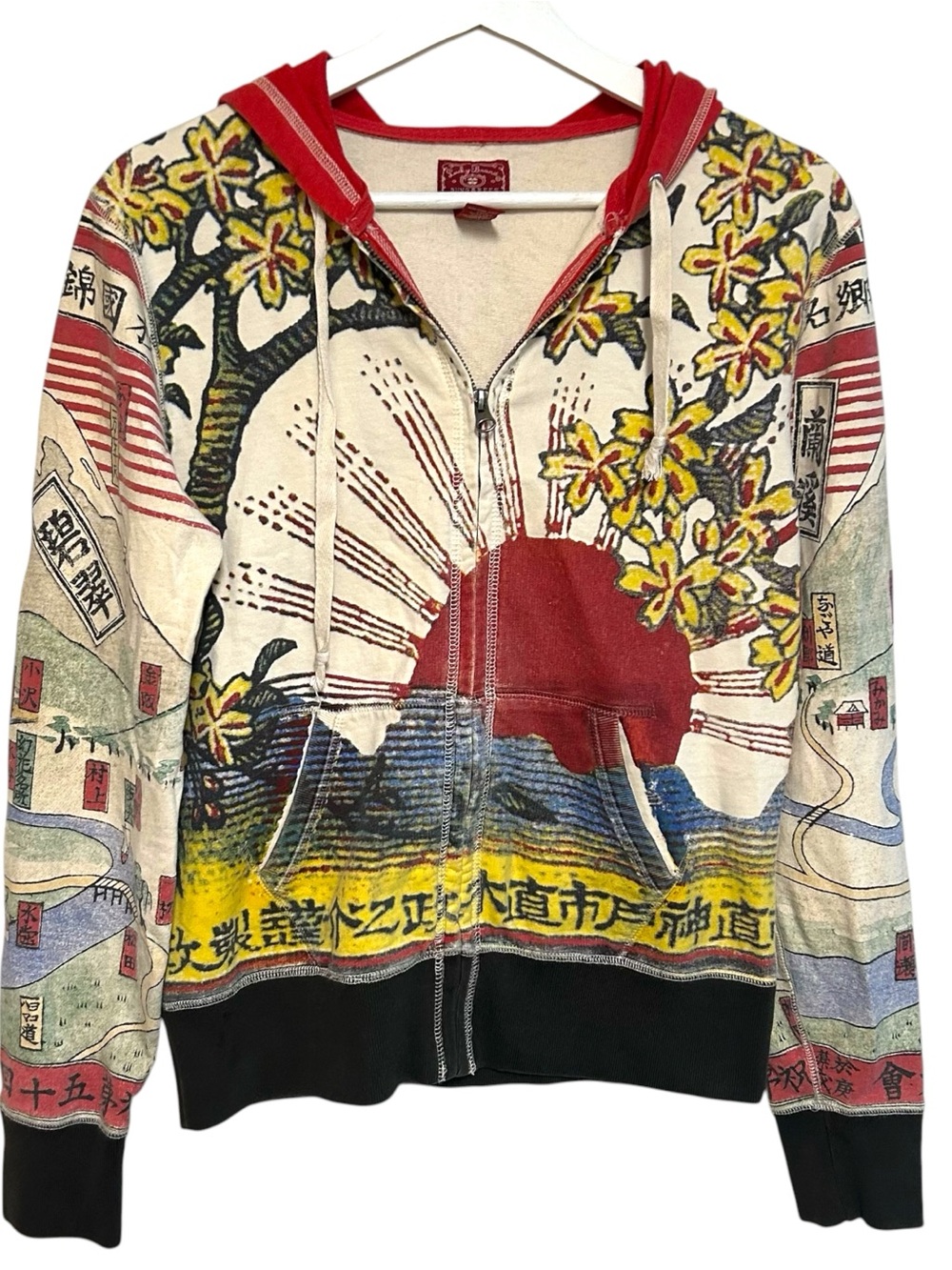RARE Y2K lucky brand M sweatshirt zip up Asian print art rising sun hoodie boho